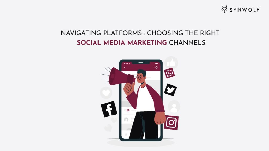 Illustration showing a marketer navigating through different social media platforms like Facebook, Instagram, LinkedIn, WhatsApp and X (Twitter)