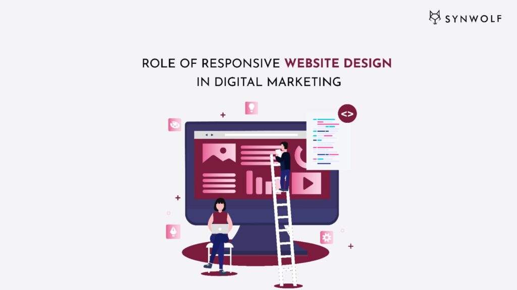Illustration showing a marketer analyzing how responsive website designs impacts digital marketing.