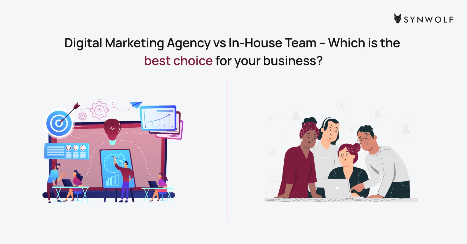 Illustration comparing digital marketing agency and in-house team for a business