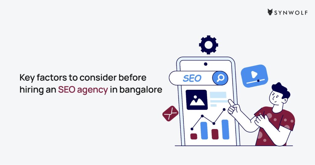 Illustration showing business owner analyzing checklist of factors to consider before hiring an SEO agency in Bangalore