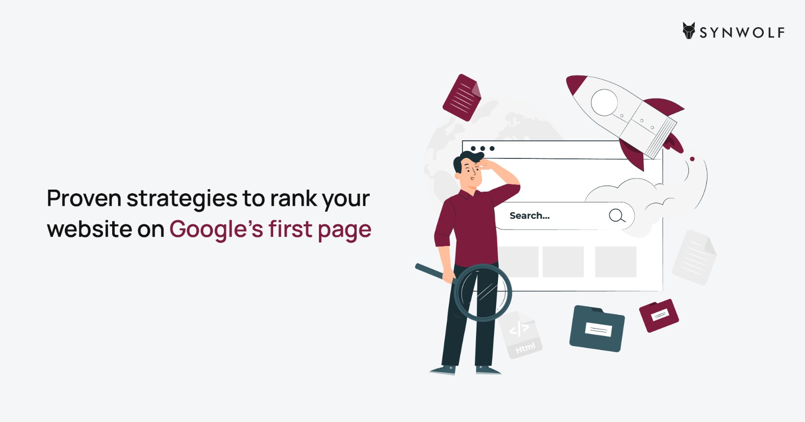 Illustration showing strategies to follow to boost your website rank on Google's first page.