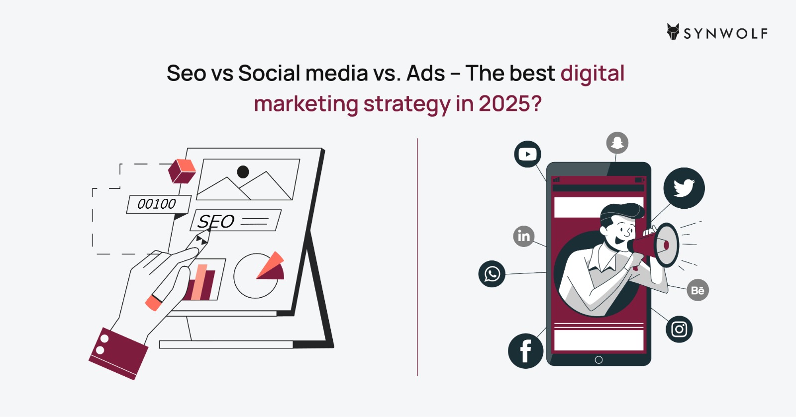 Illustration showing comparison of SEO, Social Media and Paid Ads for a best digital strategy in 2025
