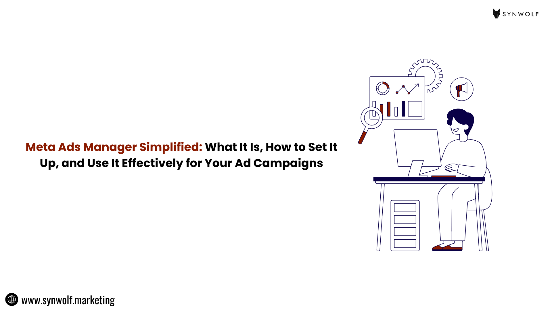 Illustration of a marketer using Meta Ads Manager dashboard to set up Facebook and Instagram campaigns and track ad performance metrics.