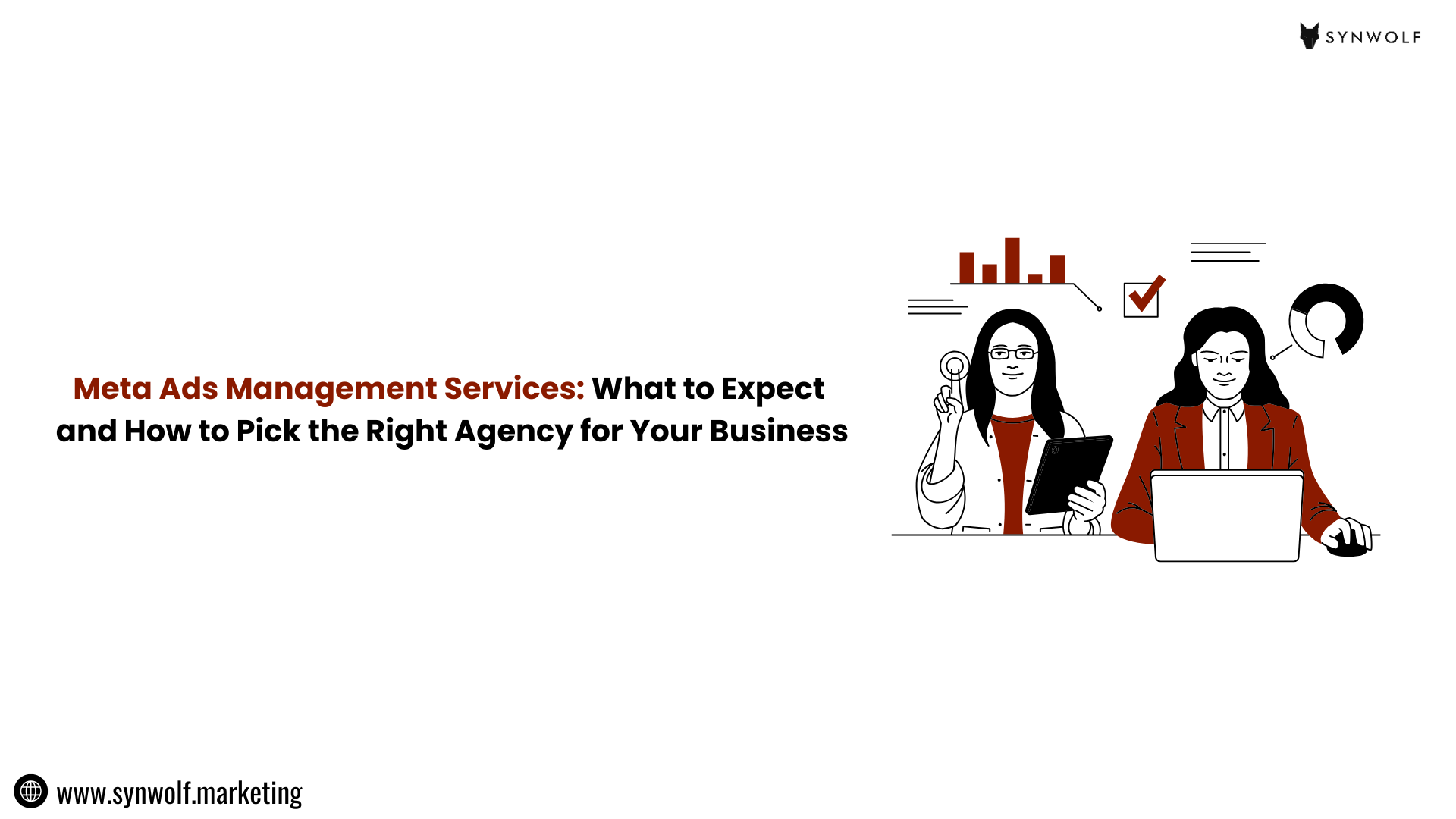 Illustration of marketers analyzing Meta Ads dashboard which shows ad performance metrics as part of professional Meta Ads Management Services.