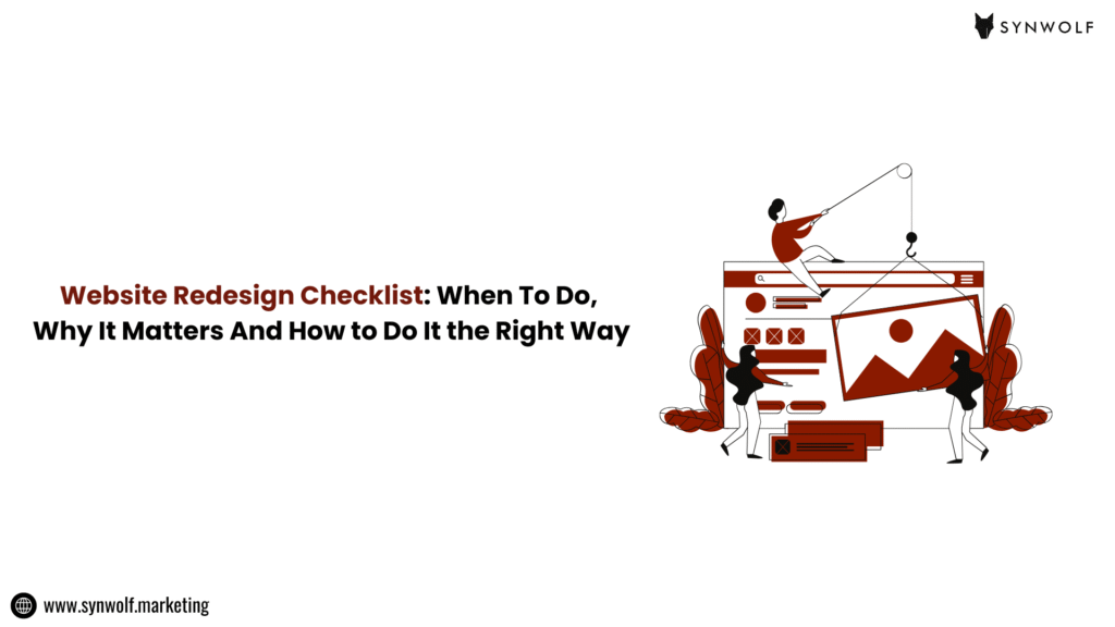 Illustration showing a Website Redesign Checklist with developers building a modern, fast, high-performance website that loads fast, ranks better, and delivers improved conversions
